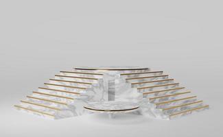 podium marble empty and ball with geometric shapes in gray composition for modern stage display and minimalist mockup ,abstract showcase background ,Concept 3d illustration or 3d rendering photo