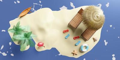 beach chair with umbrella,palm tree,lifebuoy,seaside,sandals,boat,island,starfish,crab isolated on sea water background.summer travel concept,3d illustration or 3d render,top view photo