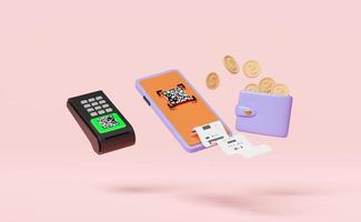 mobile phone or smartphone with qr code scanning,payment machine,pos terminal,electronic bill,wallet,coin isolated on pink background.online shopping concept,3d illustration,3d render photo