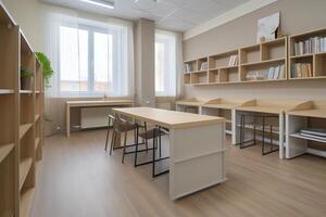 Stylish beige classroom with desk row and shelf. photo