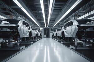 Automotive digitalization. High tech EV assembly line with Industry 4.0, 5G, and IoT. photo