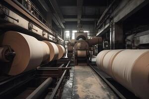 Industrial paper mill with pulp and paper rolls. photo