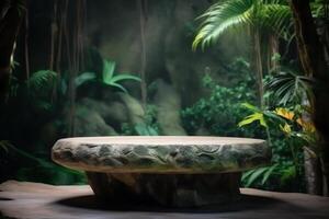 Stone table in green jungle background for product display. photo