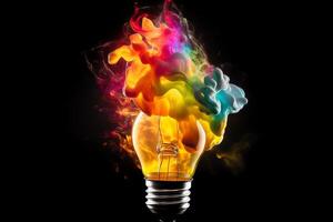 Creative light bulb exploding with multicolored paint. photo