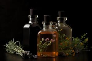 Three bottles of cosmetics with essential oil and herbs on dark background. photo
