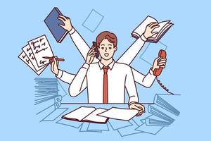 Multi-armed man multitasking with documents and talking on phone at same time sitting in office. Clerk guy wants to achieve career success multitasking to please boss or become manager vector