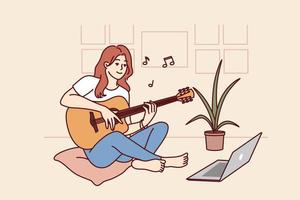 Woman plays guitar sitting in front of laptop and gets musical skills from watching video lesson on internet. Girl enjoys musical hobby and performance of popular compositions on guitar vector