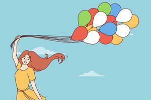 contento joven mujer con globos se regocija a comienzo de primavera y calentar clima en pie en antecedentes de azul cielo. alegre niña en verano vestir con globos simbolizando ligereza y bueno estado animico vector