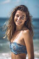 Young woman in bikini on the ocean shore, created with photo