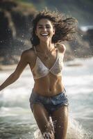 joven mujer en bikini en el Oceano costa, creado con generativo ai foto