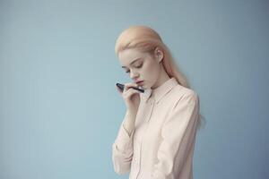 Young woman with mobile phone on pastel background, created with photo