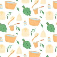 Seamless pattern with bath items. Vector illustration. Bath print. Pattern with a bath broom, leaves, bathrobe. Flat style.