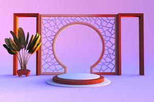 Minimal scene with geometrical forms. Primitive shapes, round arch. Pink and violet scene with palm. Minimal background to show products. 3d render. photo