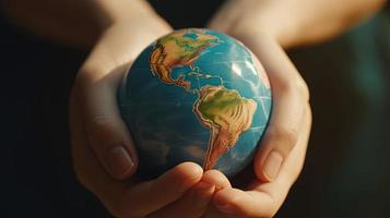human hands holding a small globe with plants growing out of it photo