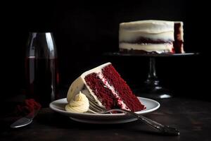 Red velvet cake slice with white frosting, fork, and red wine. photo