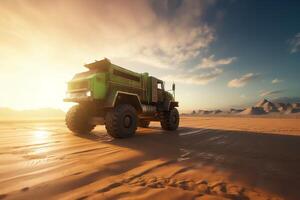 3d hacer de verde energía minería camión en arenoso paisaje a puesta de sol. ai generado foto