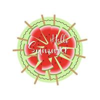 Hello Summer inscription with slices watermelon round background. vector