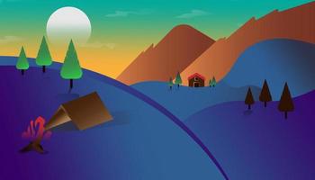 forest, hill, mountain view with campsite and farm at dusk vector