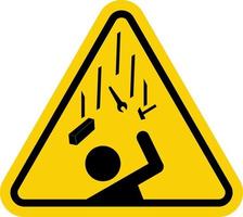 Falling objects danger sign. Falling objects warning sign. Caution, falling objects from a height on construction sites cause injury. Yellow triangle sign with icon of falling tools on a person. vector