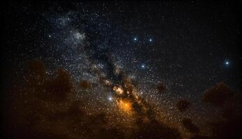 The view of the sky at night is filled with stars . photo