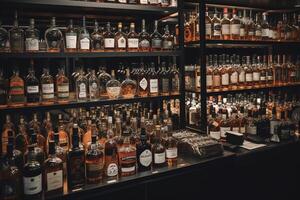 Variety of hard liquor brands in liquor store. photo