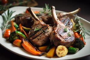 Succulent lamb chops and veggies dish. photo