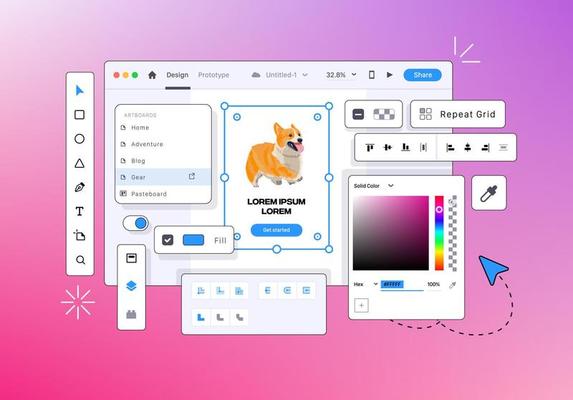 Program for Web Designers. Application for creating a Mobile Interface. Vector Design tool for mobile applications. UI-UX design development concept. Creating an Interface for Devices.