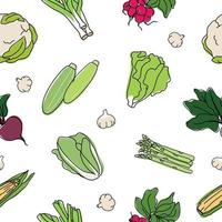 Outline vegetables seamless pattern with colored elements . Collection different types of vegetables in line art drawing style. vector