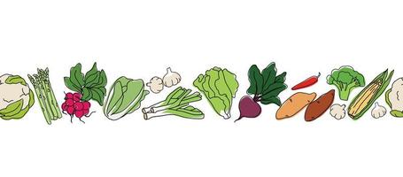 Outline vegetables seamless banner with colored elements . Collection different types of vegetables in line art drawing style. vector