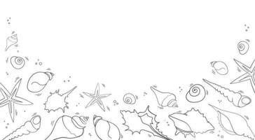 Seashells banner in doodle stile. One line drawing of a shell. Hand drawn marine illustrations of seashells. Summer tropical ocean beach style. vector