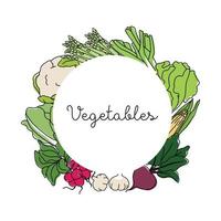 Collection different types of vegetables in line art drawing style in round frame. Vegetables vector set in outline with colored elements.