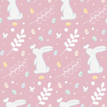 Easter pattern with cute white rabbit with butterfly on nose and colorful egs vector