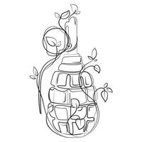 F 1 grenade with growing leaves and plants Line art drawing for print poster,t shirt design,tattoo idea vector illustration.Creative design element for anti terrorism day concept.Hand drawn sketch