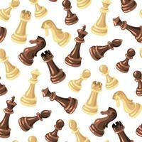 A pattern of black and white chess pieces made of wood on a white background. Chess moves on a checkered board. Chess cartoon, chess board. Texture for printing on textiles and paper. Gift packaging vector