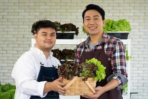 Young Asian Greengrocer Selling Fresh Organic Green Lettuce on Local Market photo