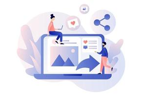 Share concept. Tiny people sharing data, photos, links, posts and news in social networks with laptop. Modern flat cartoon style. Vector illustration on white background