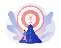 Efforts to achieve target. Perseverance, Challenge, Career and personal growth. Tiny businessman running towards the goal. Modern flat cartoon style. Vector illustration on white background