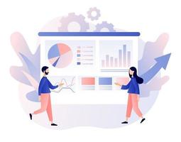 Data analytics consept. Business analysis. Tiny people are studying the infographic. Teamwork. Modern flat cartoon style. Vector illustration on white background