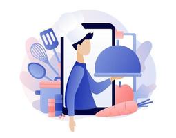 Food blogging. Recipes online. Professional chef holding dish. Modern flat cartoon style. Vector illustration on white background