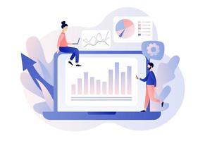 Data analytics consept. Business analysis online. Tiny people are studying the infographic. Modern flat cartoon style. Vector illustration on white background