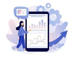 Data analytics consept. Business analysis. Tiny girl are studying the infographic on mobile app. Modern flat cartoon style. Vector illustration on white background