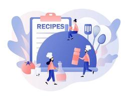 Recipes online. Tiny people cook in chef cap. Ingredients list concept. Food blogging. Modern flat cartoon style. Vector illustration on white background