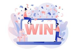 WIN text on laptop screen. You Win Concept. Congrats winner on falling down confetti background. Modern flat cartoon style. Vector illustration on white background