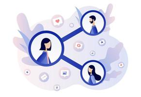 Share concept. Tiny people sharing data, links, photos, posts and news in social networks. Modern flat cartoon style. Vector illustration on white background