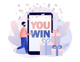 You Win text on screen smartphone. Congrats winner on falling down confetti background. Modern flat cartoon style. Vector illustration on white background