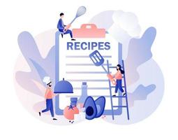 Recipes online. Ingredients list concept. Professional chef holding dish. Tiny People read recipe book and cook in chef cap. Modern flat cartoon style. Vector illustration on white background