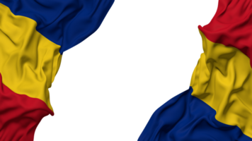 romênia bandeira pano onda bandeira dentro a canto com colisão e avião textura, isolado, 3d Renderização png