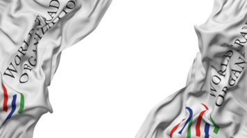 mondo commercio organizzazione, wto bandiera stoffa onda bandiera nel il angolo con urto e pianura struttura, isolato, 3d interpretazione png