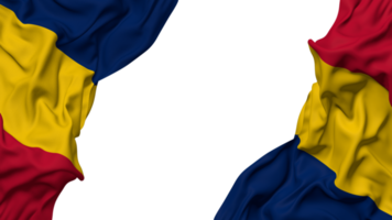 Tschad Flagge Stoff Welle Banner im das Ecke mit stoßen und einfach Textur, isoliert, 3d Rendern png