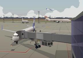 Panorama of the airport, a telescopic ladder is attached to the aircraft. Vector. vector